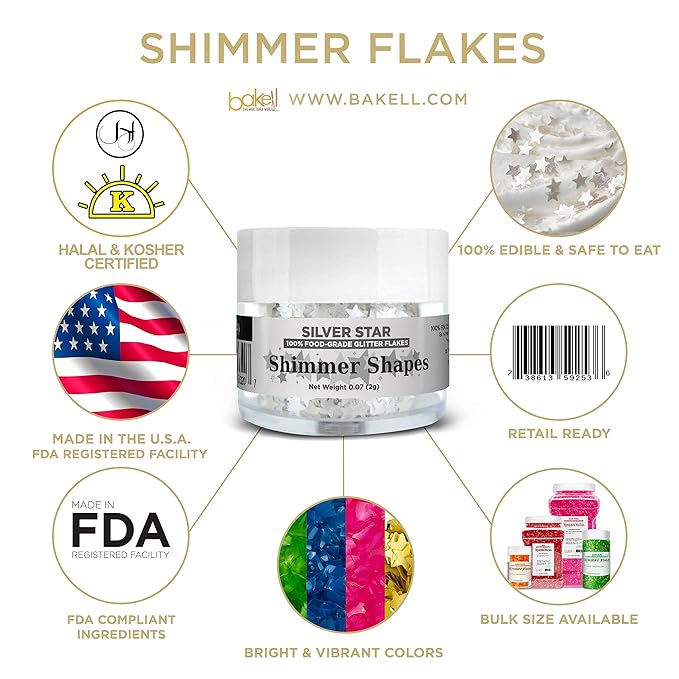 BAKELL Edible Glitter Shapes | Vegan Silver Star Edible Shimmer Shapes | KOSHER Certified | Halal Certified | 100% Edible & Food Grade | Cakes, Cupcakes, Decoration (Silver Star, 20g)
