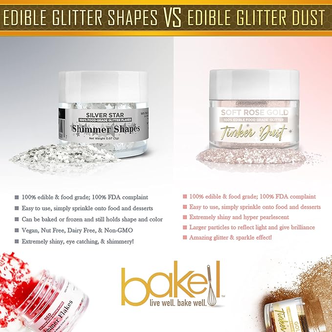 BAKELL Edible Glitter Shapes | Vegan Silver Star Edible Shimmer Shapes | KOSHER Certified | Halal Certified | 100% Edible & Food Grade | Cakes, Cupcakes, Decoration (Silver Star, 20g)