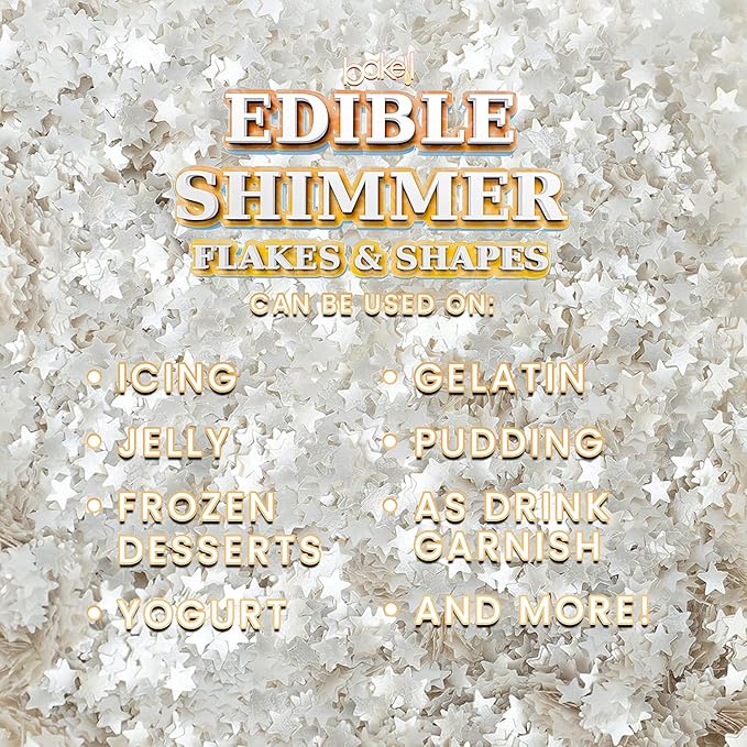 BAKELL Edible Glitter Shapes | Vegan Silver Star Edible Shimmer Shapes | KOSHER Certified | Halal Certified | 100% Edible & Food Grade | Cakes, Cupcakes, Decoration (Silver Star, 20g)