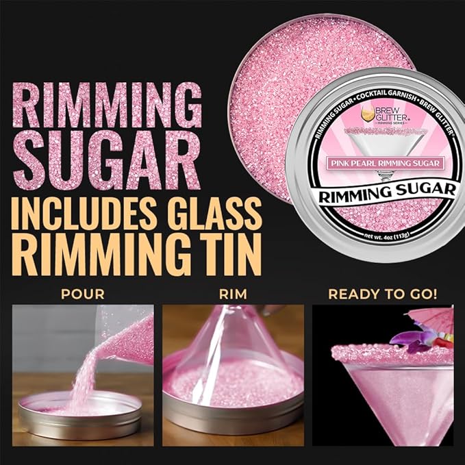 Brew Glitter - Pink Pearl Rimming Sugar (4oz, 1x Bar Tin) Cocktail Garnish for Mixed Drinks & Refreshments