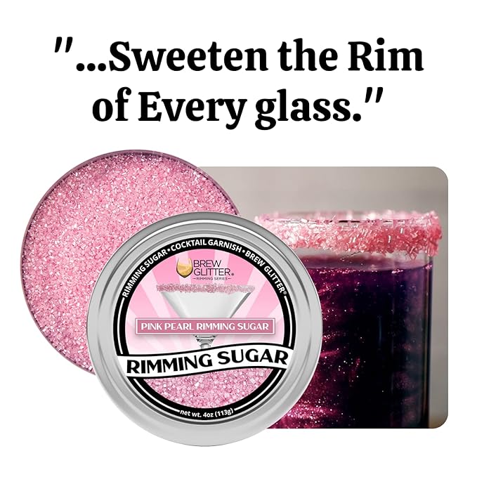 Brew Glitter - Pink Pearl Rimming Sugar (4oz, 1x Bar Tin) Cocktail Garnish for Mixed Drinks & Refreshments