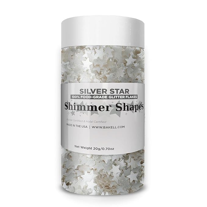 BAKELL Edible Glitter Shapes | Vegan Silver Star Edible Shimmer Shapes | KOSHER Certified | Halal Certified | 100% Edible & Food Grade | Cakes, Cupcakes, Decoration (Silver Star, 20g)