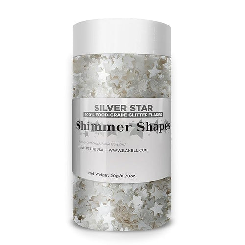 BAKELL Edible Glitter Shapes | Vegan Silver Star Edible Shimmer Shapes | KOSHER Certified | Halal Certified | 100% Edible & Food Grade | Cakes, Cupcakes, Decoration (Silver Star, 20g)