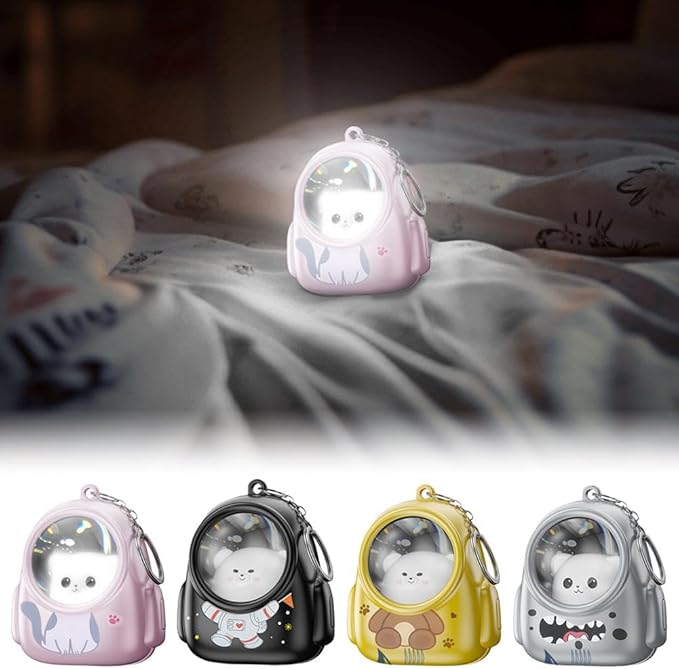 Cute Bag Small Night Light Keychains Kawaii Bags Cat Light Key Chain Astronaut keychain Car Bag Pendant (Pack of 1)